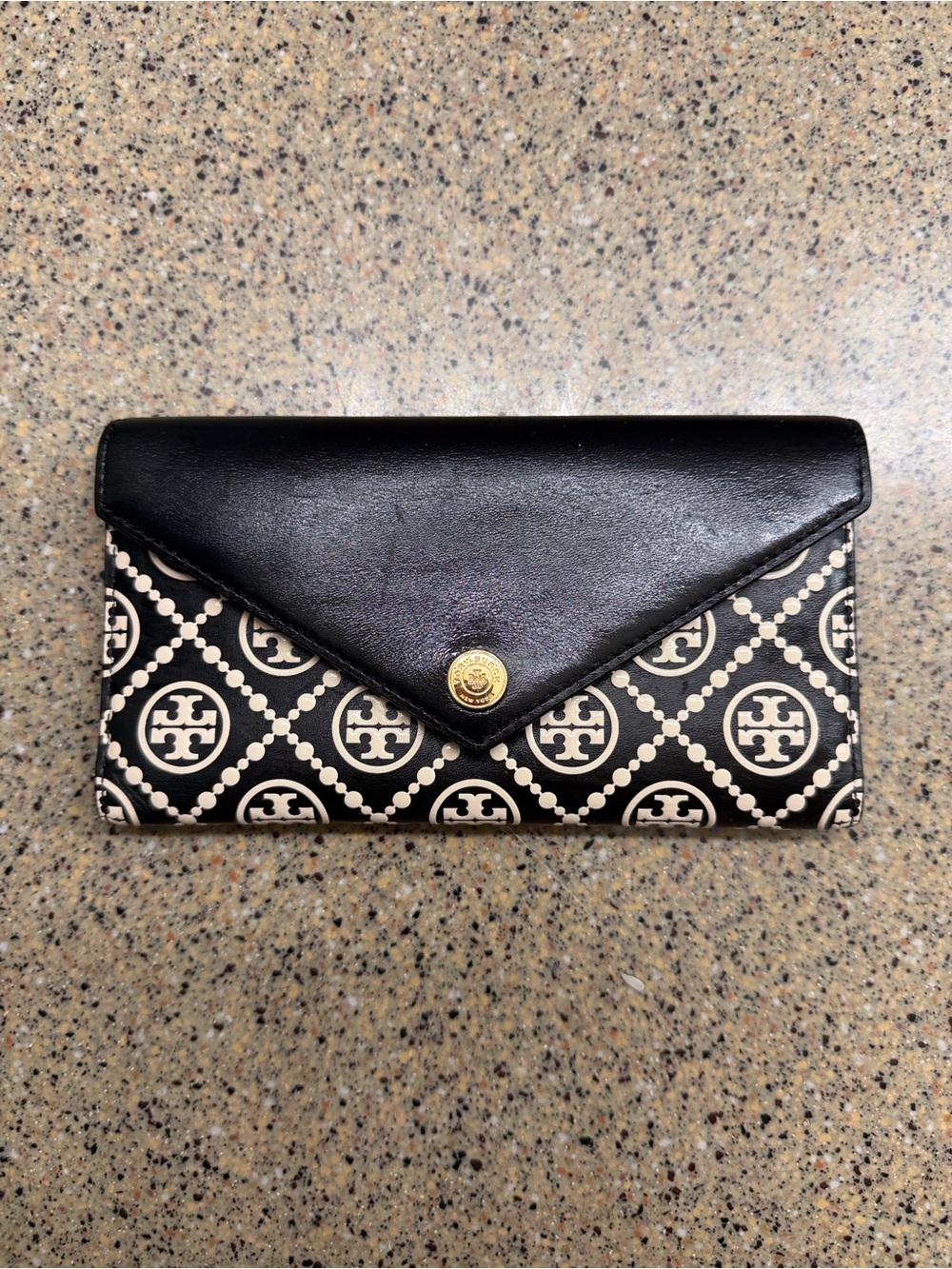 Tory Burch Black and Cream Logo Continental Wallet with Gold Snap